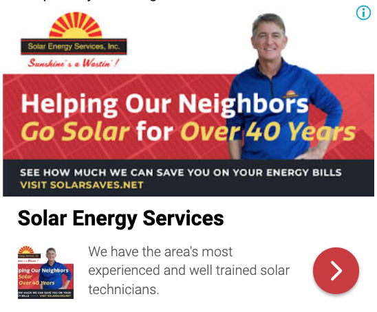 Solar Energy Services logo with company president Rick Peters. White text reads Helping Our Neighbors Go Solar for Over 40 Years