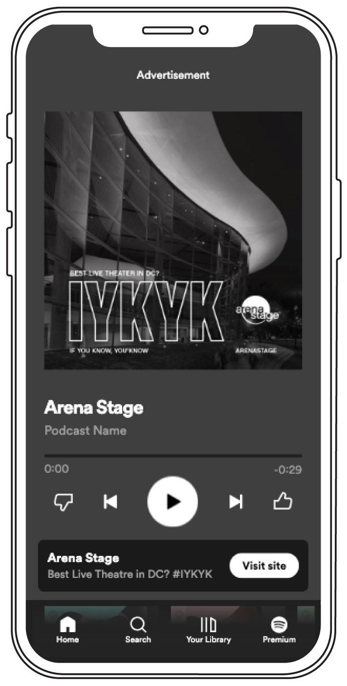 cell phone screen grab showing a podcast ad for Arena Stage consisting of black-and-white image of the Arena Stage building with the letters "IYKYK" and the Arena Stage logo