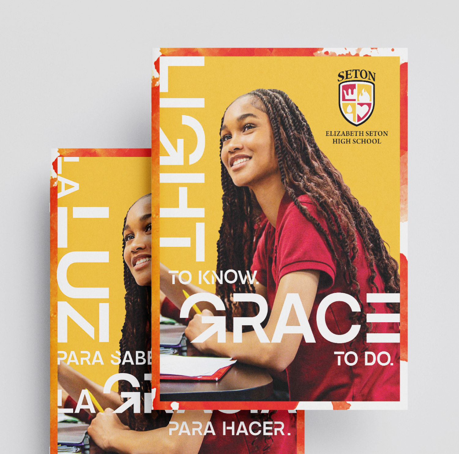 Cover of high school admission materials lookbook in both English and Spanish displaying a photo of a Seton student smiling, the Seton High School crest, and their motto, "Light to Know, Grace to Do."