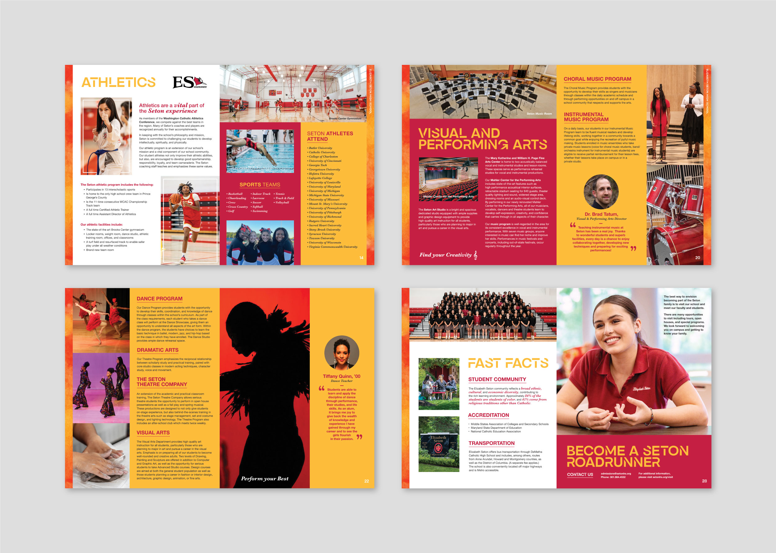 4-page spread from Seton brochure, showing athletics, visual and performing arts and facts facts. 